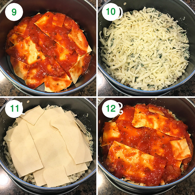 step by step pictures of making spinach mushroom lasagna in the instant pot