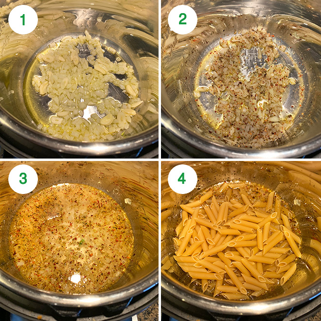 step by step picture collage of making creamy tomato basil pasta in the instant pot