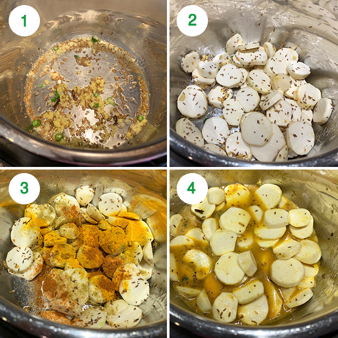 step by step picture collage of making dahi arbi in instant pot