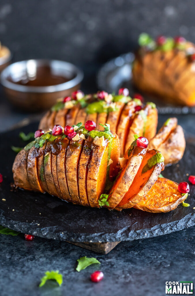 Hasselback Sweet Potatoes Chaat - Cook With Manali
