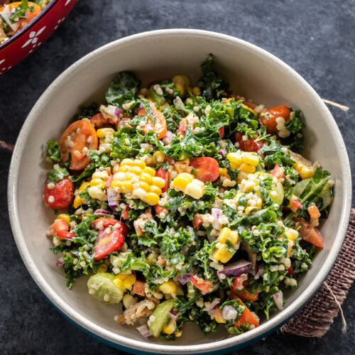 Fresh Corn, Kale & Quinoa Salad with Tahini Dressing - Cook With Manali