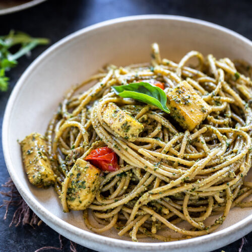 Paneer Pesto Pasta with Cherry Tomatoes