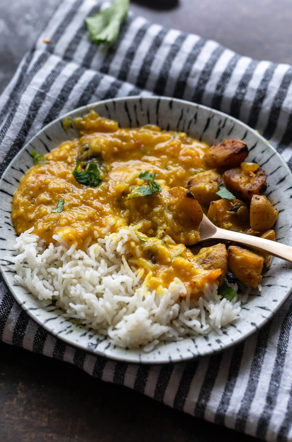 dal and rice in a plate with roasted potatoes on the side