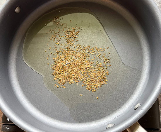 cumin seeds added to oil in a pan